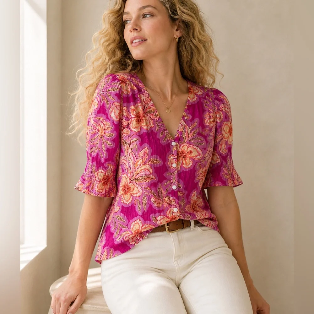 NWT Loft Vibrant Pink Floral Puff Sleeve Button-Up Blouse Size S